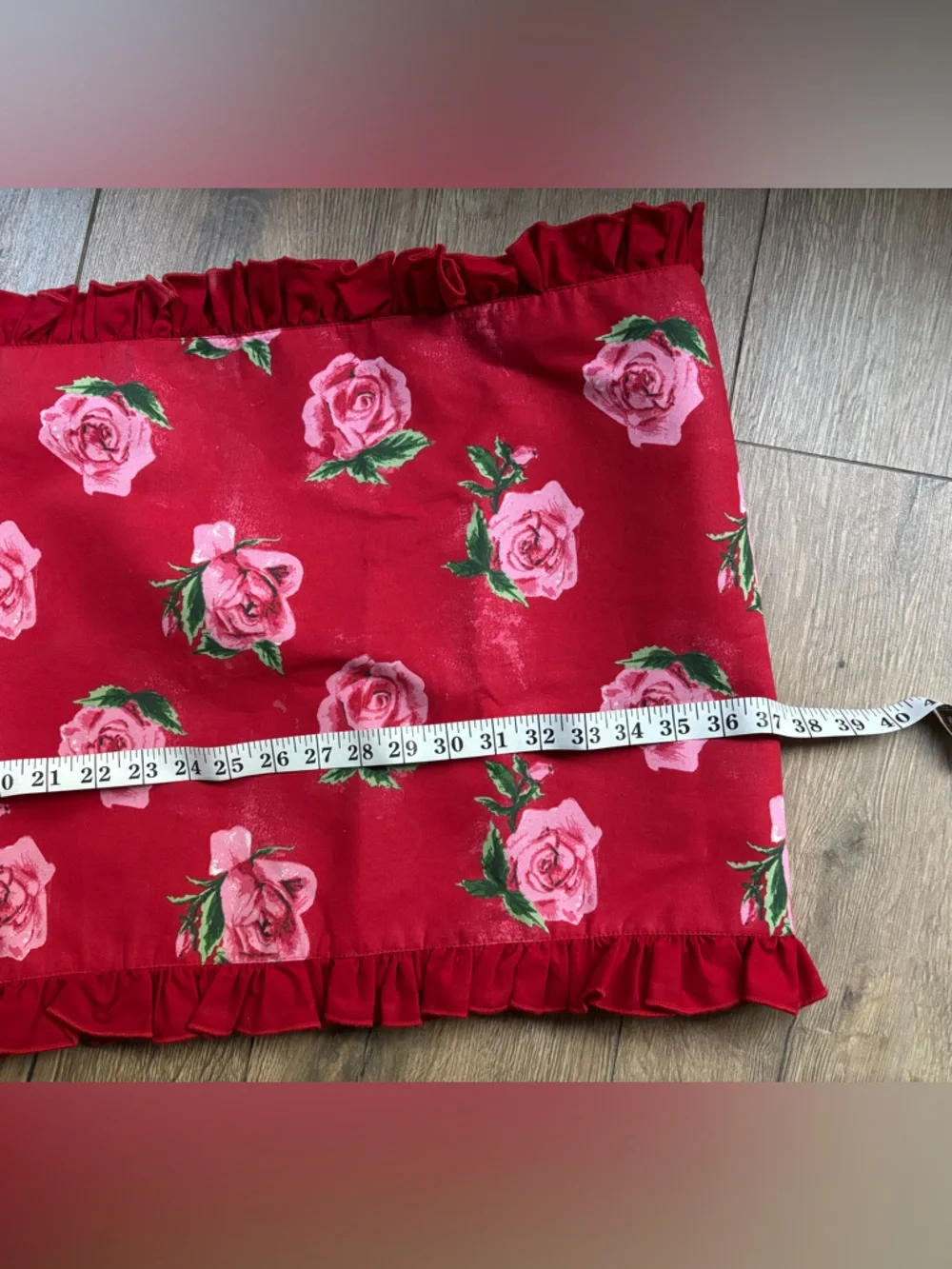 Red Floral Ruffled Rose Table Runner 74x17 Rectangle Reversible Stripe